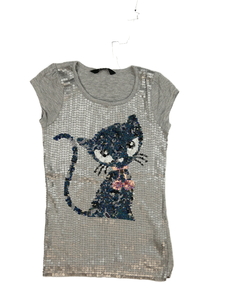 Delší šedé flitrované triko s kočkou 