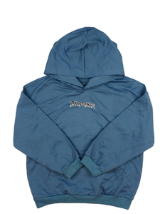 Modrá slabší mikina s obrázkem na zádech