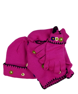 Nová růžová čepice, šála a rukavice s květinami 