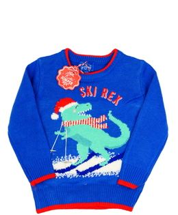 Nový modrý vánoční svetr s dinosaurem 