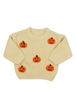 Hnědý pletený halloween svetr s dýněmi 