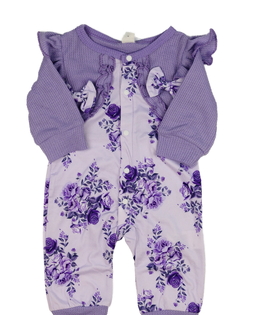 Fialový overal s volánky a květinami 