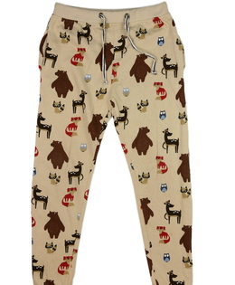 Hnědé slabší tepláky se zvířátky 