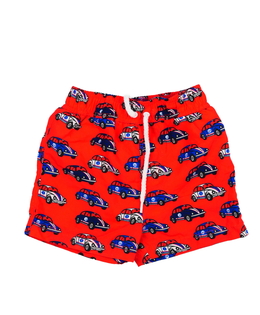 Červené plážové kraťasy s auty 