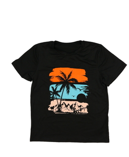 Černé triko s motivem palmy a hor 