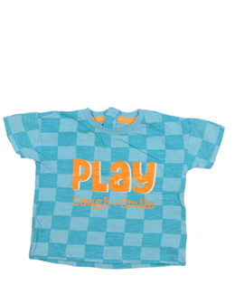 Modré kostkované triko s nápisem 