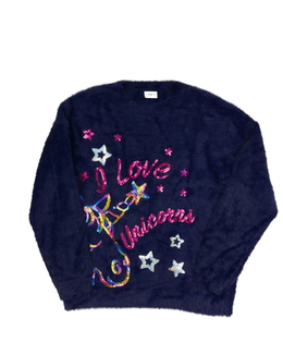 Tmavě modrý žinylkový svetr s jednorožcem F&F