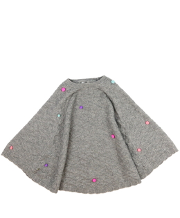 Šedé melírované pončo s barevnými bambulemi