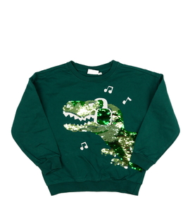 Zelená mikina s flitrovaným dinosaurem 