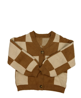 Hnědý kostkovaný propínací svetr 