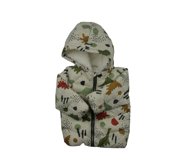 Krémová melírovaná zimní bunda s dinosaury a vnitř