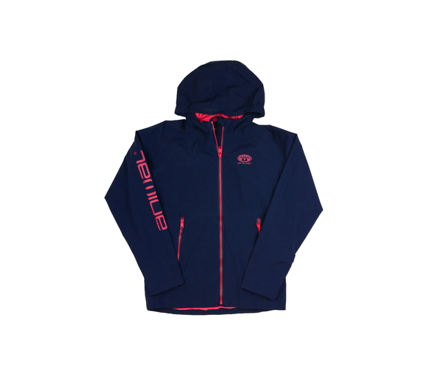 Tmavomodrá slabá bunda s červenými detaily 