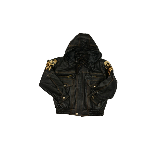 Černá koženková teplá bunda se zlatými detaily 