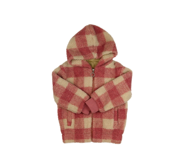 Růžová kostkovaná beránková bunda 