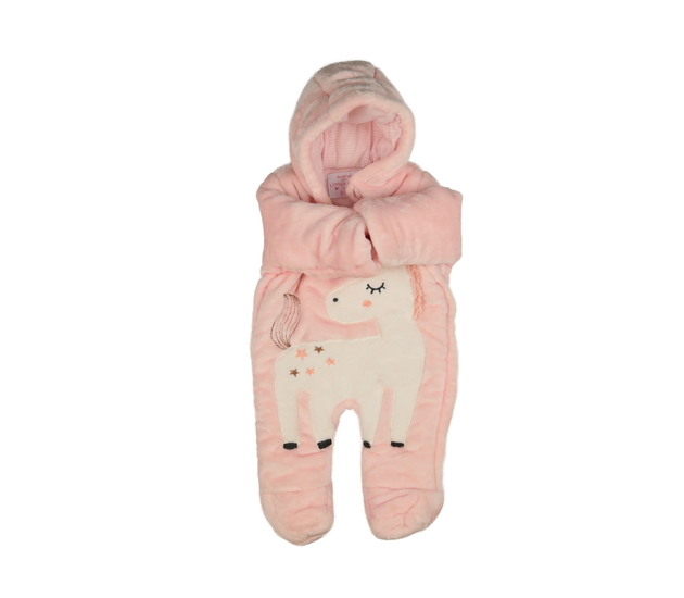 Růžový chlupatý zimní overal s jednorožcem F&F