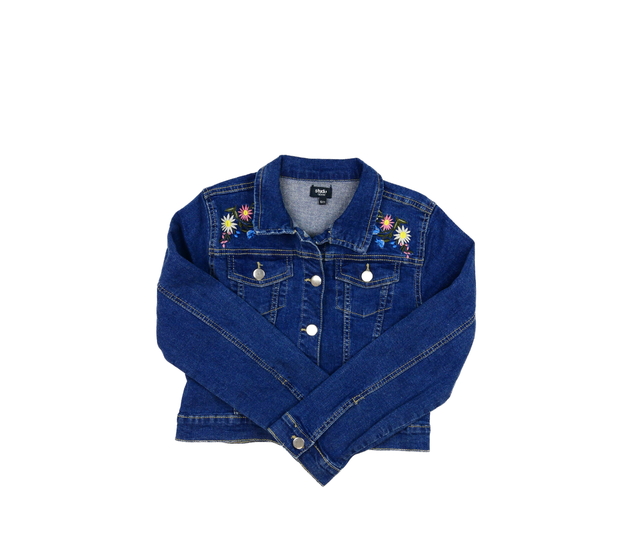 Modrá riflová crop bunda s květinami 