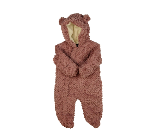 Růžový chlupatý zimní overal s oušky 