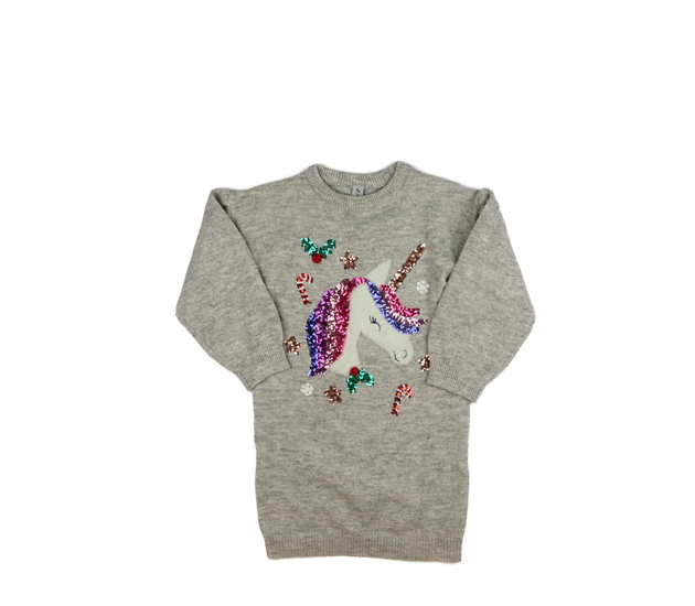 Šedé svetrové šaty s jednorožcem Tu 