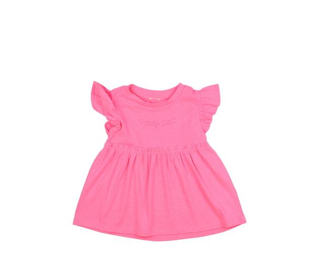 Růžové šaty s volánky a nápisem River Island 