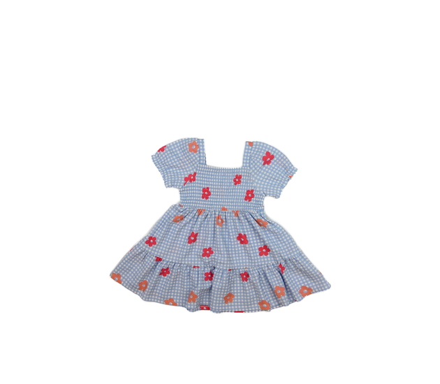 Modré květinové šaty s prošívaným živůtkem 