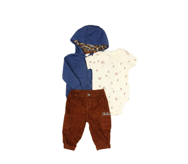 Modrá mikina, manšestrové kalhoty a body Carter´s 