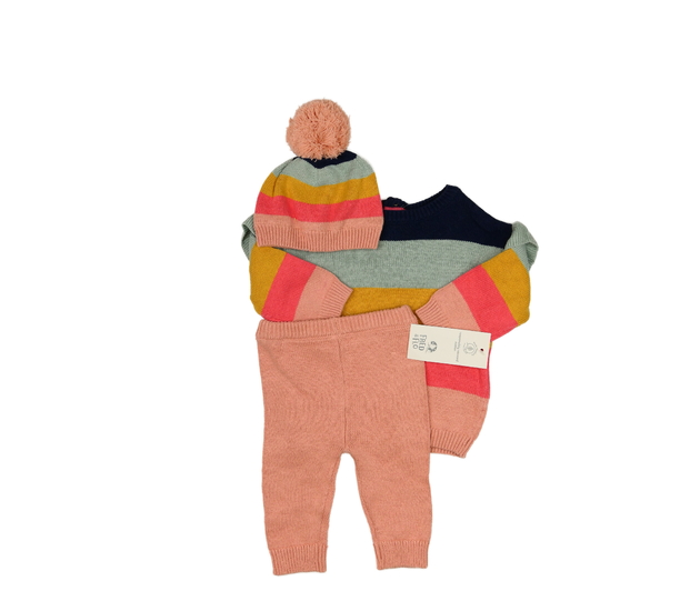 Nový pruhovaný svetr, legíny a čepička F&F