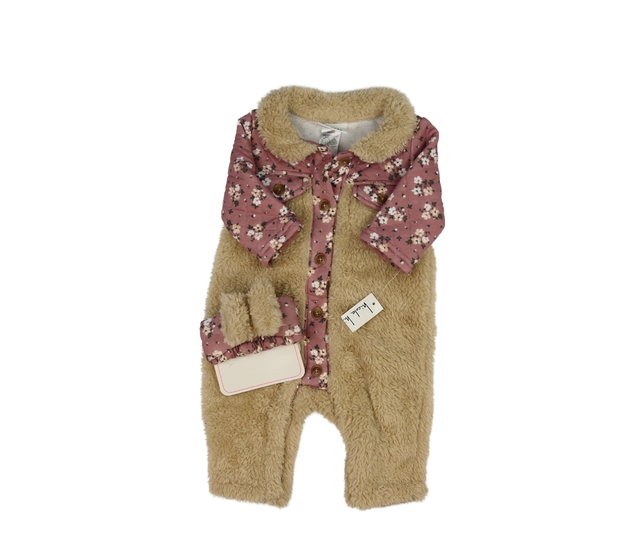 Nový hnědo-růžový zimní overal a čelenka 