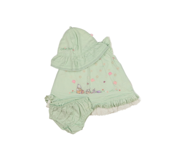 Zelené zdobné šaty, kalhotky a klobouk Mothercare