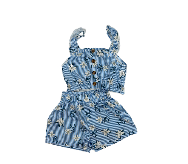 Letní modrý květinový crop top a kraťasy 