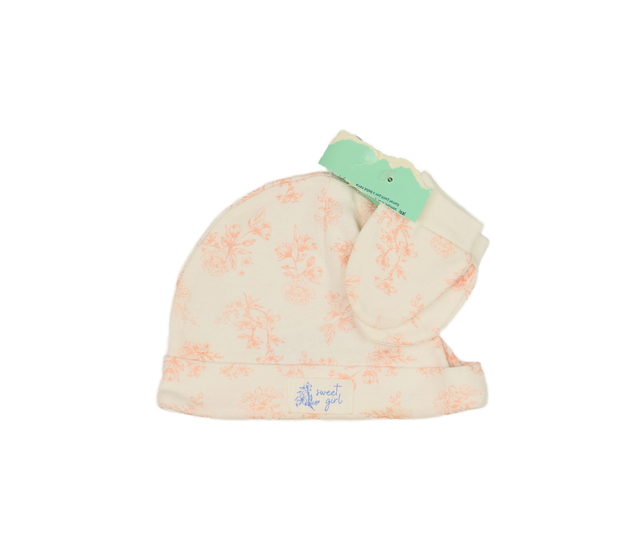 Nová čepice a rukavice s růžovými květy 