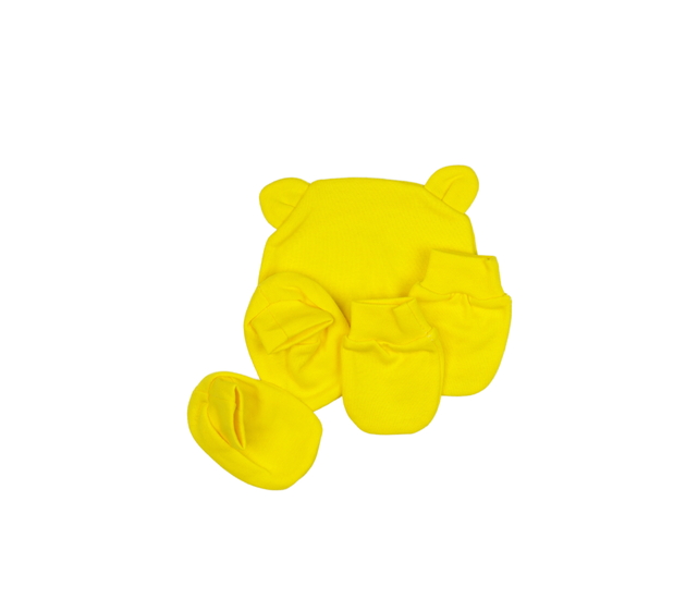 Nová žlutá čepice, bačkůrky a rukavičky 