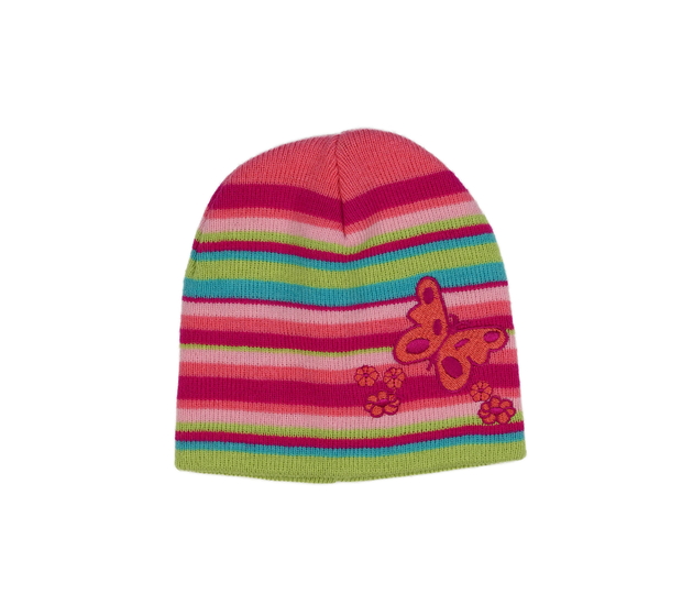 Pruhovaná barevná čepice s motýlky 