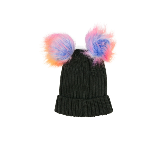 Šedá čepice s barevnými bambulemi 