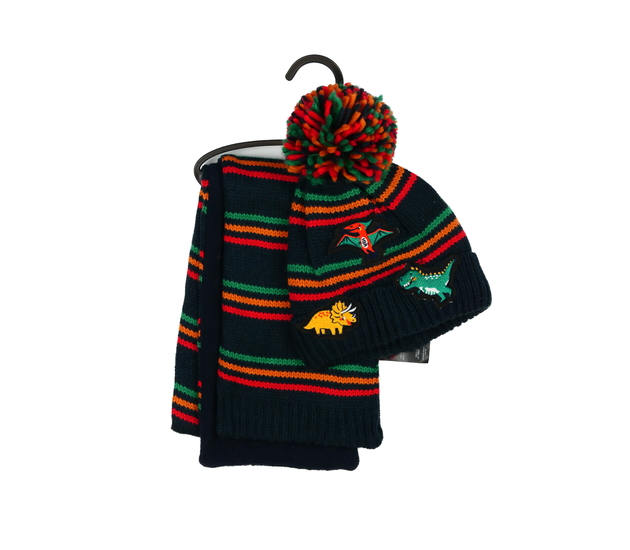 Nová tmavá čepice a šála s dinosaury 