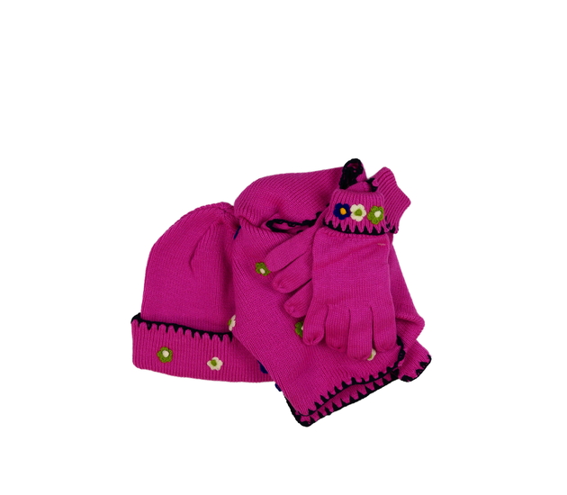 Nová růžová čepice, šála a rukavice s květinami 