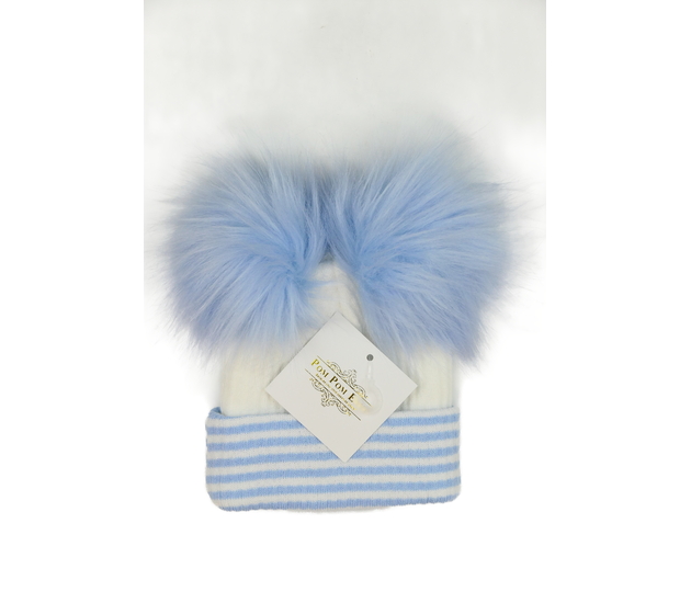 Nová bílo-modrá čepice s bambulemi