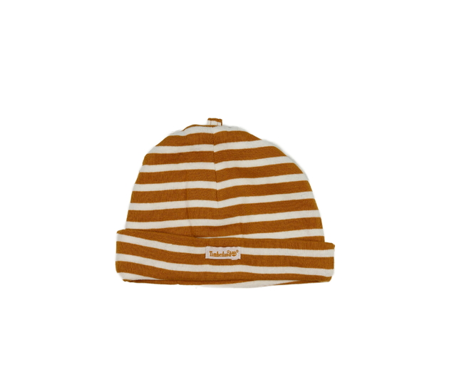 Hnědo-bílá pruhovaná bavlněná čepice 
