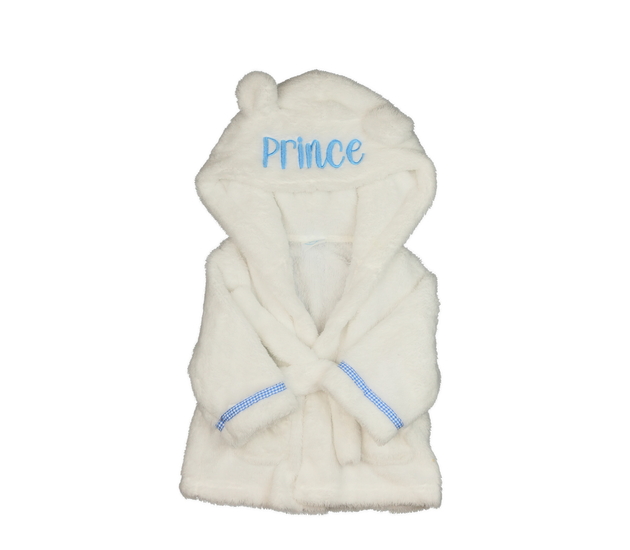 Bílý chlupatý župan s modrými detaily