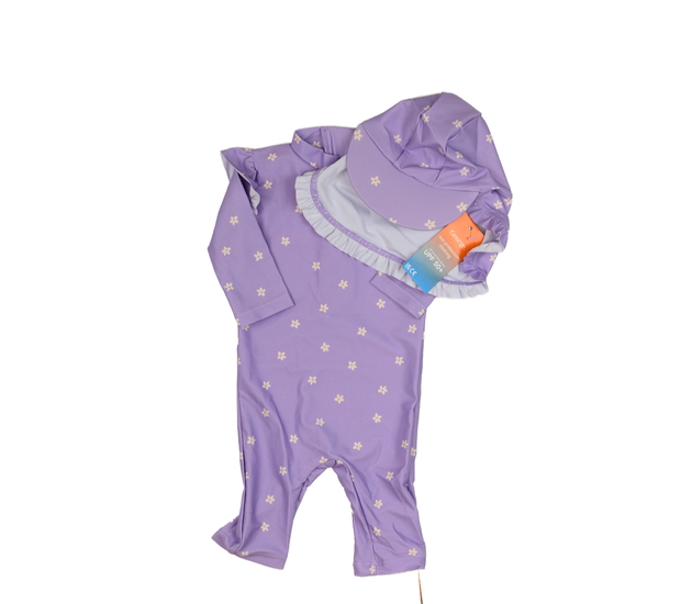 Nové fialové plavky s čepicí a květinami George