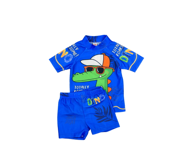 Modré dvoudílné plavky s dinosaurem 