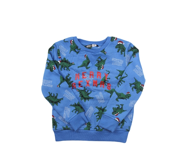 Modrá vánoční mikina s dinosaury 