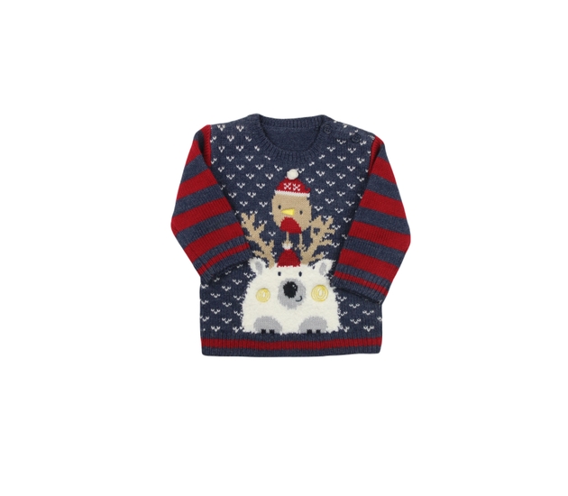 Nový modročervený svetr s medvědem a ptáčkem Georg