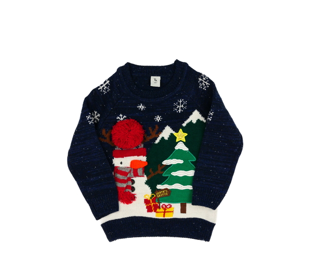 Tmavě modrý vánoční svetr se sněhulákem Tu