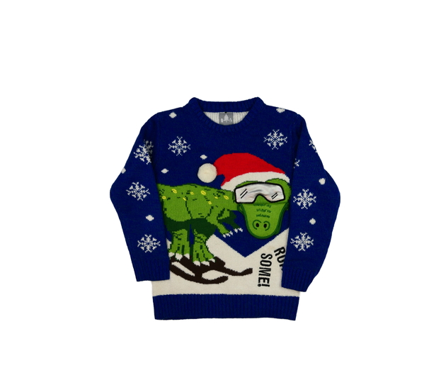 Modrý vánoční svetr s dinosaurem George