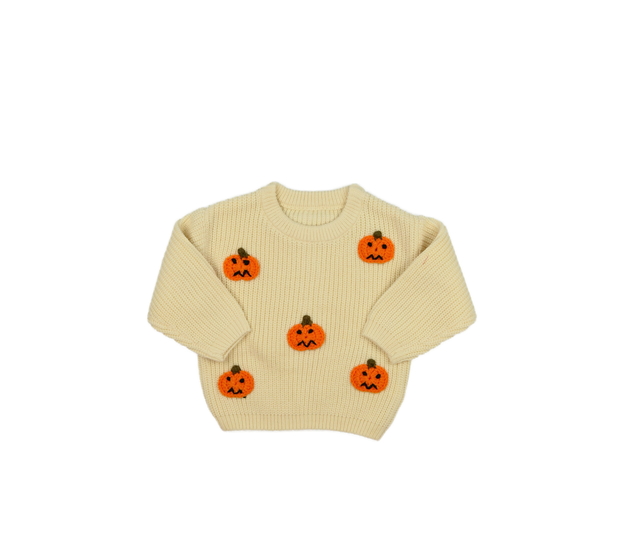 Hnědý pletený halloween svetr s dýněmi 