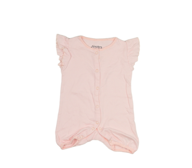 Světle růžový pruhovaný overal s volánky