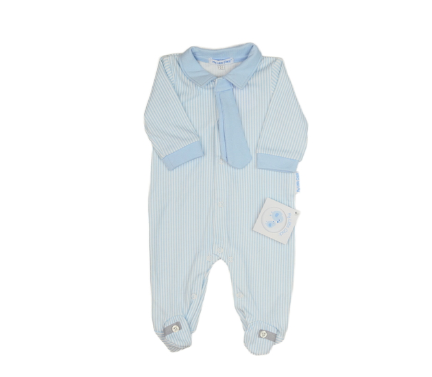 Nový modrý pruhovaný overal s límečkem