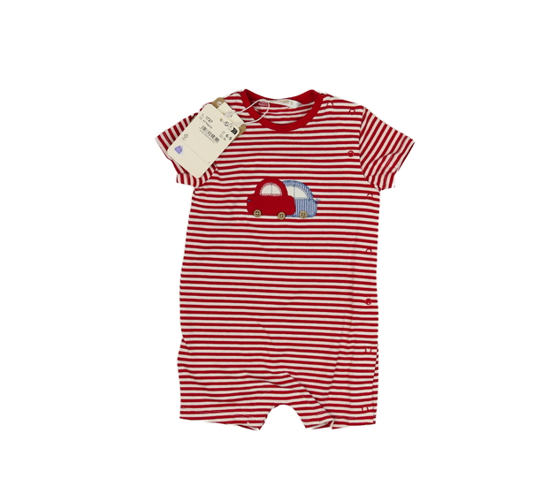 Nový červený pruhovaný overal s autem Mayoral