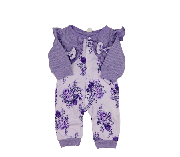 Fialový overal s volánky a květinami 