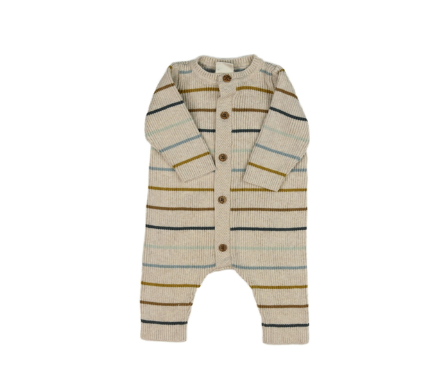Světle hnědý pletený overal s pruhy 